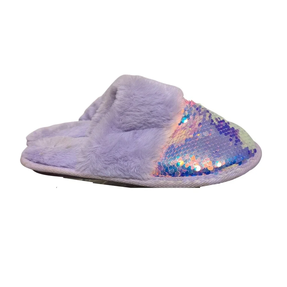 Target Slippers Girls M‎ 2/3 Purple Iridescent Sequin Faux Fur Glam Mermaid Cozy